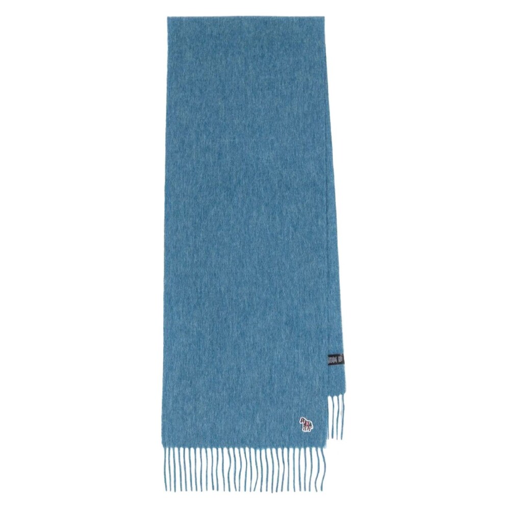 PAUL SMITH Mens Scarf Solid Blue Fringe 100% Lambswool Wool 13x66